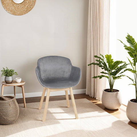 Gray velvet chair 'FRIDA' with armrests and legs of natural wood Gray velvet chair 'FRIDA' with armrests and legs of natural wood