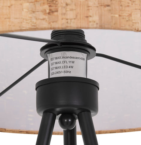 Tripod floor lamp 'ANTONIO' with cork lampshade and 3 black metal legs Tripod floor lamp 'ANTONIO' with cork lampshade and 3 black metal legs