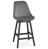 Mid-height design bar stool 'MORISS MINI' in grey velvet and legs in black wood