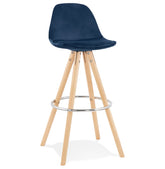 SPIRIT' bar stool in blue velvet and legs in wood with natural finish