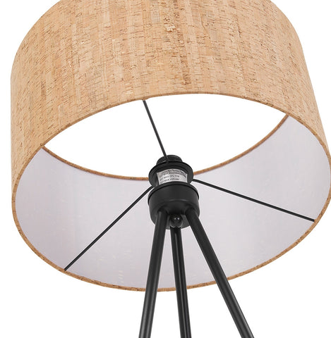 Tripod floor lamp 'ANTONIO' with cork lampshade and 3 black metal legs