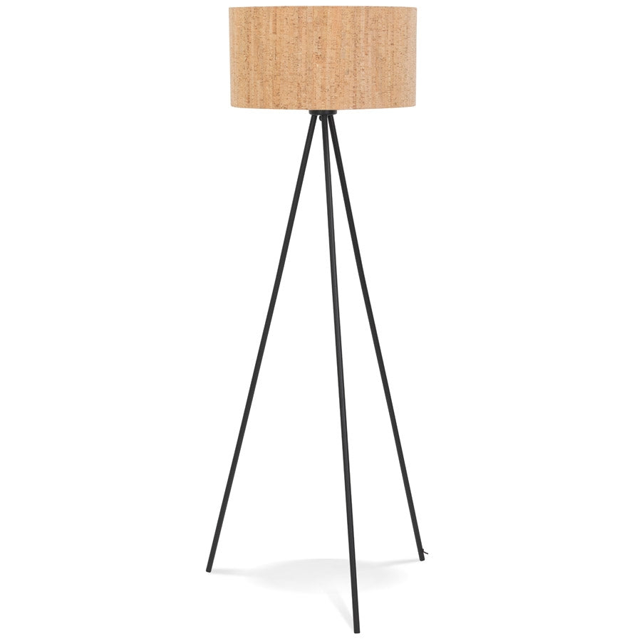 Tripod floor lamp 'ANTONIO' with cork lampshade and 3 black metal legs