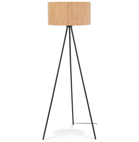 Tripod floor lamp 'ANTONIO' with cork lampshade and 3 black metal legs