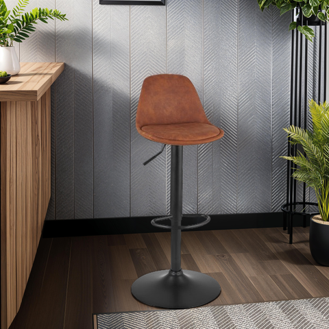 Adjustable stool 'CROUPION' in brown microfiber and black metal