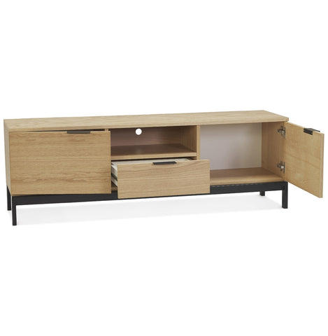 Design TV cabinet 'CATODIK' in wood with natural finish and black metal