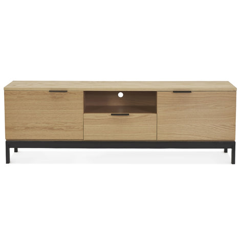 Design TV cabinet 'CATODIK' in wood with natural finish and black metal