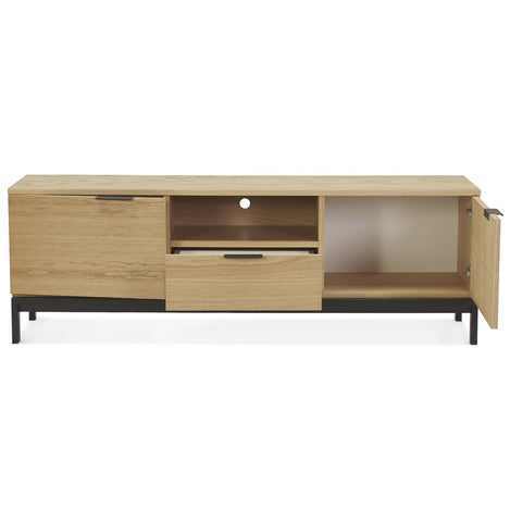 Design TV cabinet 'CATODIK' in wood with natural finish and black metal