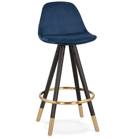 Halfhoge design barkruk 'CHICAGO MINI' in blauw fluweel en 4 poten in zwart hout