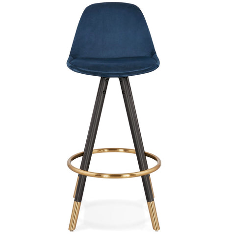 Halfhoge design barkruk 'CHICAGO MINI' in blauw fluweel en 4 poten in zwart hout