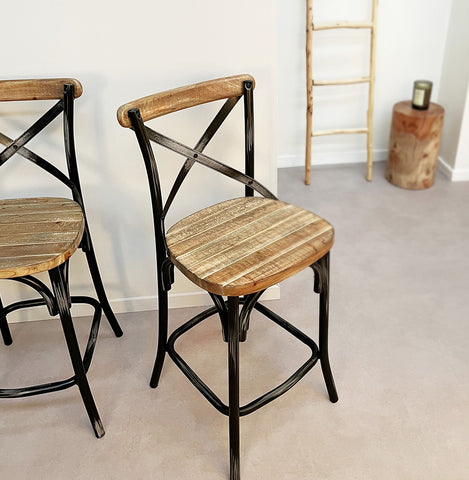 Black bar stool with weathered walnut effect 'COTTAGE'