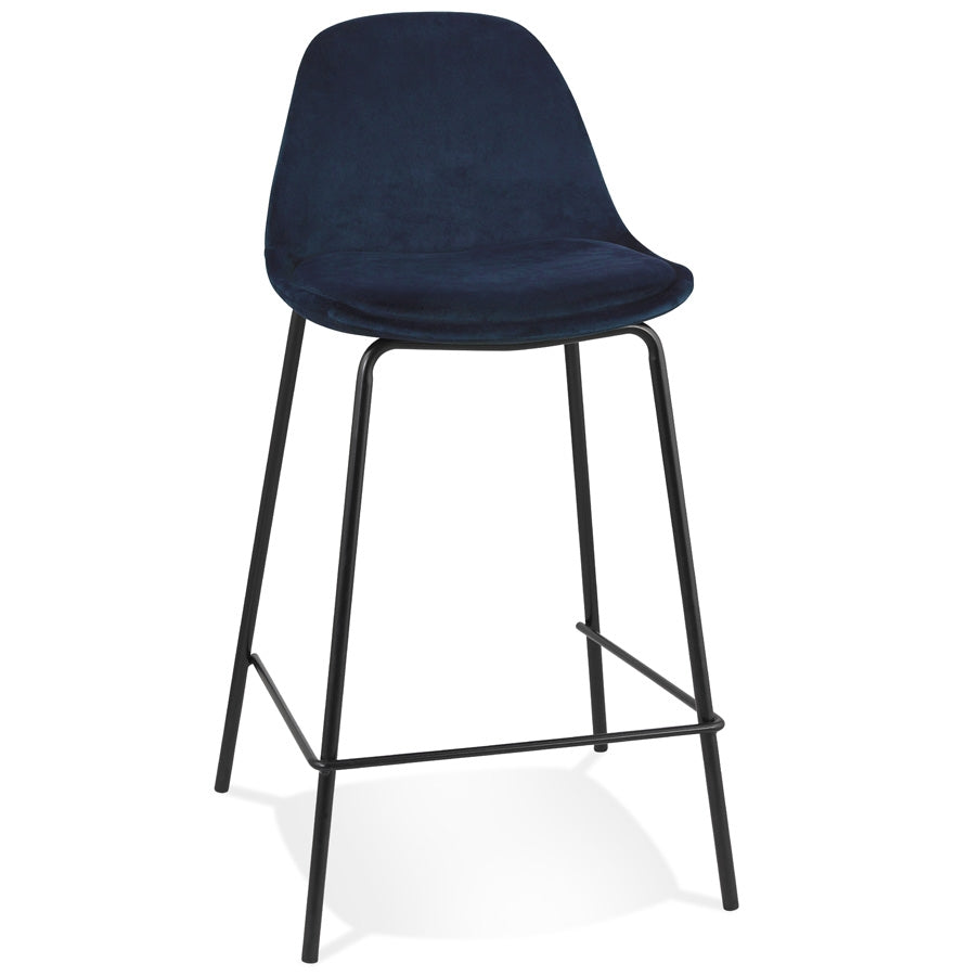 Mid-height stool 'FENTON MINI' in blue velvet with black metal legs