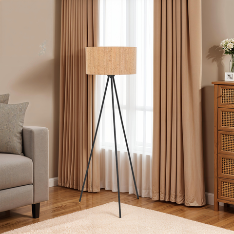 Tripod floor lamp 'ANTONIO' with cork lampshade and 3 black metal legs