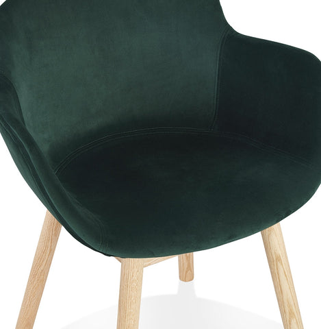 Green velvet chair 'FRIDA' with armrests and legs in natural wood