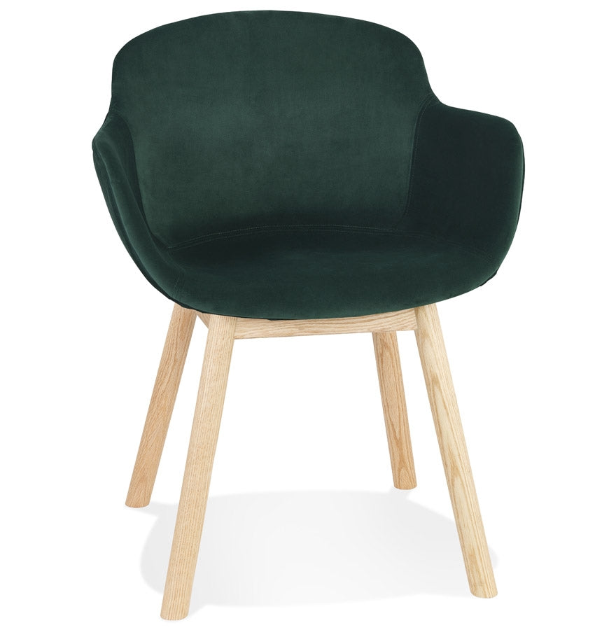 Green velvet chair 'FRIDA' with armrests and legs in natural wood