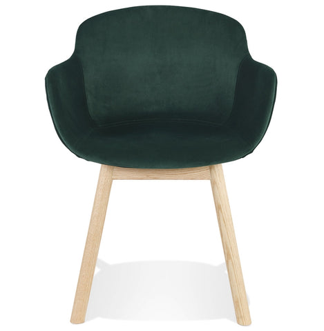 Green velvet chair 'FRIDA' with armrests and legs in natural wood