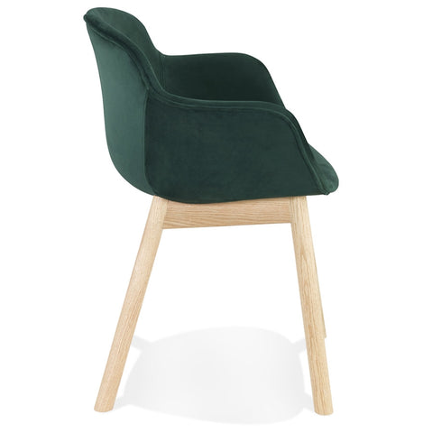 Green velvet chair 'FRIDA' with armrests and legs in natural wood