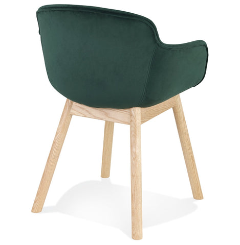 Green velvet chair 'FRIDA' with armrests and legs in natural wood