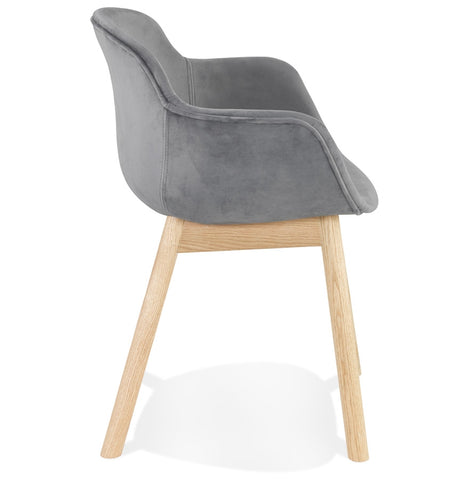 Gray velvet chair 'FRIDA' with armrests and legs of natural wood