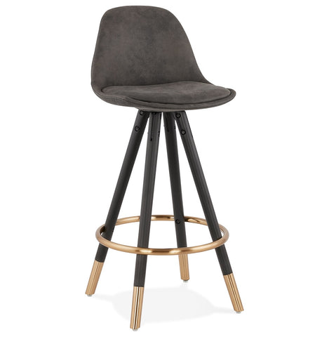 Mid-height design stool 'KONG MINI' made of gray microfiber and black wooden legs