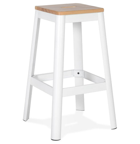 Industrial high stool 'LIDYA' with a white metal structure and wooden seat