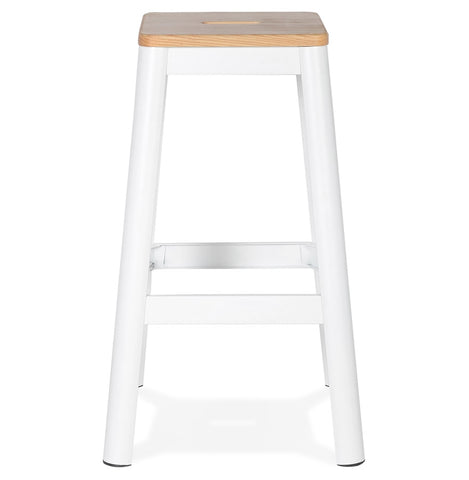 Industrial high stool 'LIDYA' with a white metal structure and wooden seat