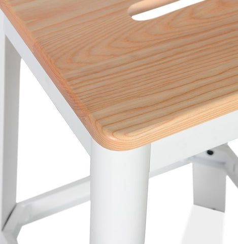 Industrial high stool 'LIDYA' with a white metal structure and wooden seat