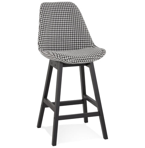 Mid-height designer bar stool 'MORISS MINI' in pied-de-poule print fabric and legs in black wood