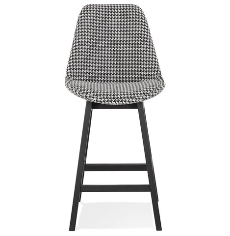 Mid-height designer bar stool 'MORISS MINI' in pied-de-poule print fabric and legs in black wood