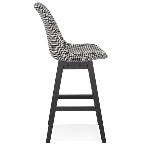 Mid-height designer bar stool 'MORISS MINI' in pied-de-poule print fabric and legs in black wood