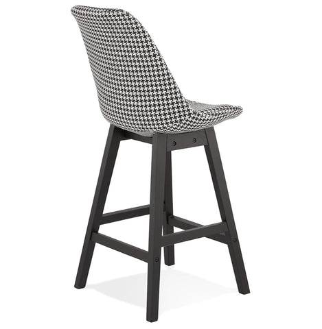 Mid-height designer bar stool 'MORISS MINI' in pied-de-poule print fabric and legs in black wood