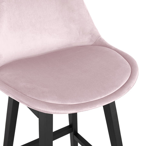 Halfhoge design barkruk 'MORISS MINI' in roze fluweel en poten in zwart hout