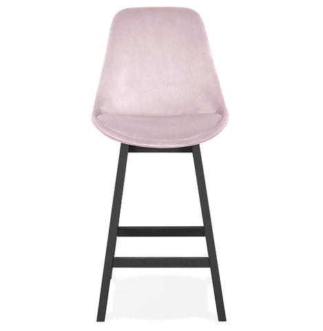 Halfhoge design barkruk 'MORISS MINI' in roze fluweel en poten in zwart hout