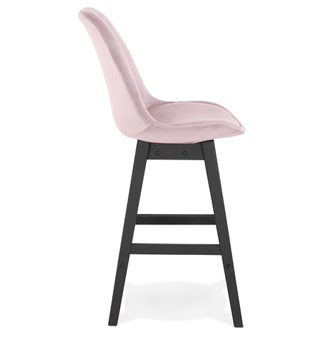 Halfhoge design barkruk 'MORISS MINI' in roze fluweel en poten in zwart hout