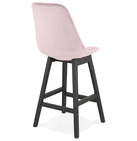 Halfhoge design barkruk 'MORISS MINI' in roze fluweel en poten in zwart hout