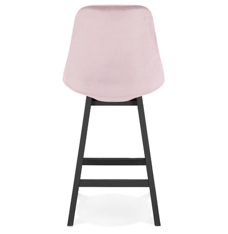 Halfhoge design barkruk 'MORISS MINI' in roze fluweel en poten in zwart hout