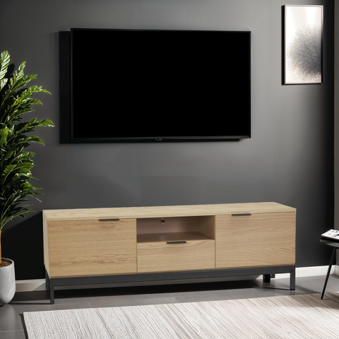 Design TV cabinet 'CATODIK' in wood with natural finish and black metal