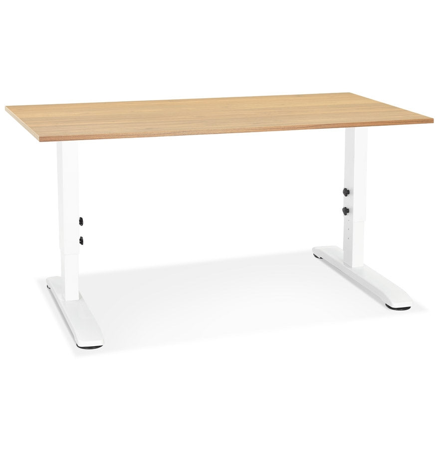 Height adjustable desk 'OSMOSE' in natural finished wood and white metal - 140x70 cm