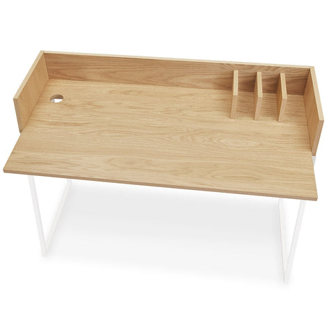 Straight design desk 'SALMON' in natural wood and white metal