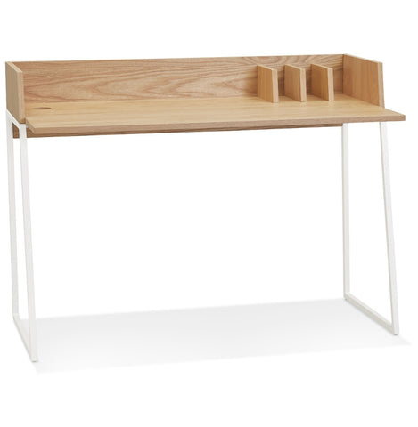 Straight design desk 'SALMON' in natural wood and white metal