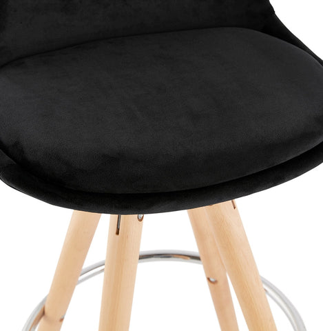 Mid-height bar stool 'SPIRIT MINI' in black velvet and legs in wood with natural finish