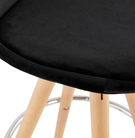 Mid-height bar stool 'SPIRIT MINI' in black velvet and legs in wood with natural finish