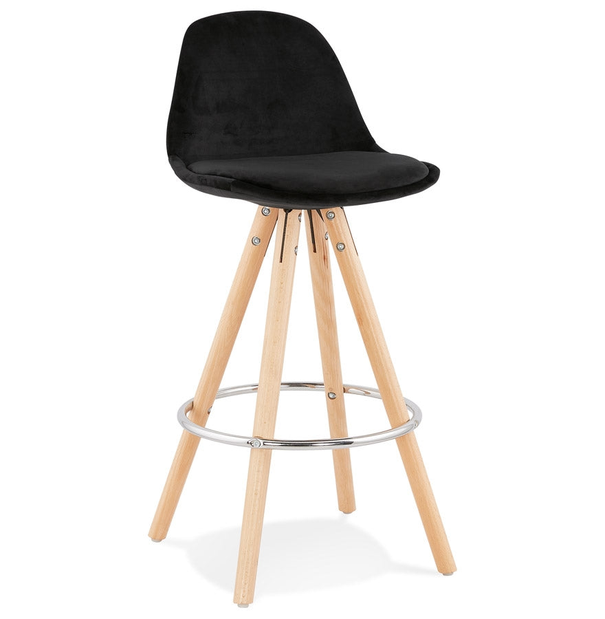 Mid-height bar stool 'SPIRIT MINI' in black velvet and legs in wood with natural finish