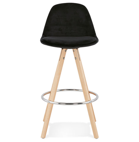 Mid-height bar stool 'SPIRIT MINI' in black velvet and legs in wood with natural finish