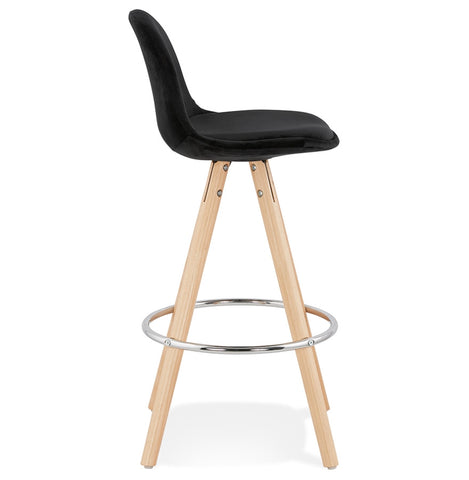 Mid-height bar stool 'SPIRIT MINI' in black velvet and legs in wood with natural finish