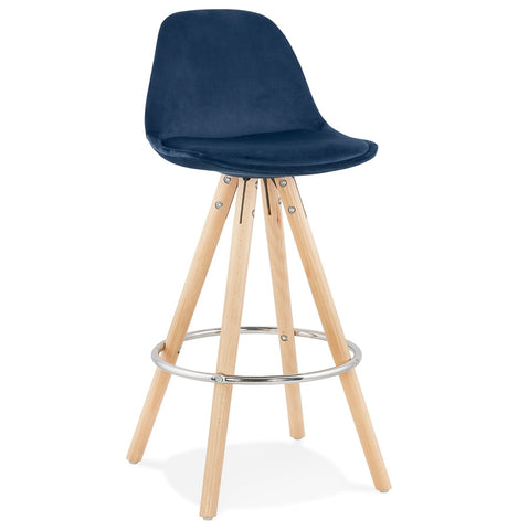 Halfhoge barkruk 'SPIRIT MINI' in blauw fluweel en poten in hout met natuurlijke afwerking