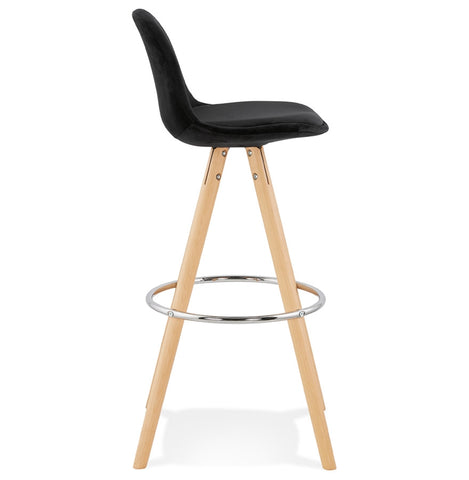 Bar stool 'SPIRIT' in black velvet and legs in wood with natural finish