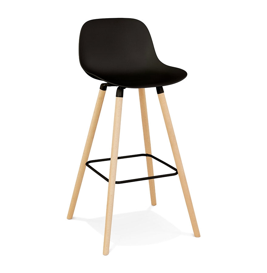 Mid-height black stool 'TATSU MINI' with legs made of natural wood